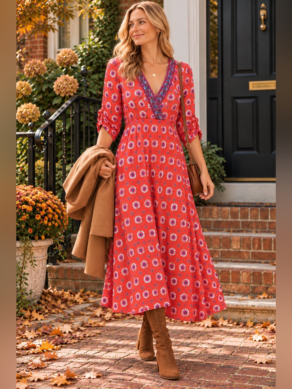 Boden | Rebecca Jersey Midi Tea Dress | Coral Floral 16-18R